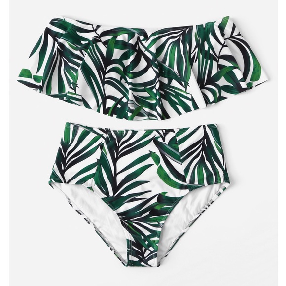 QUIN🌴 tropical leaf print ruffle bikini green - Picture 2 of 3